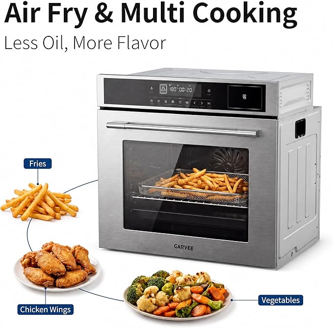 Garvee 24 Inch Built-in Steam Electric Oven Combo, 2.5 Cu.ft Convection Wall Oven, 5 Cooking Modes, Steam Function, Triple-Layer Glass, Easy Clean Interior, Timer & Safety Lock, Silver