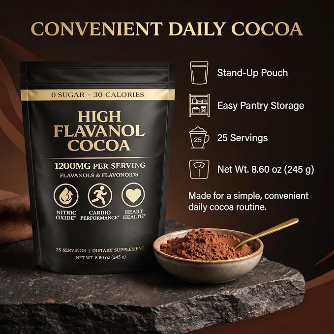 High Flavanol Cocoa Powder – Unsweetened Cocoa Powder with Premium Cocoa Extract, Smooth Cacao Drink Mix for Coffee, Smoothies & Oatmeal, 8.6 oz (245 g)