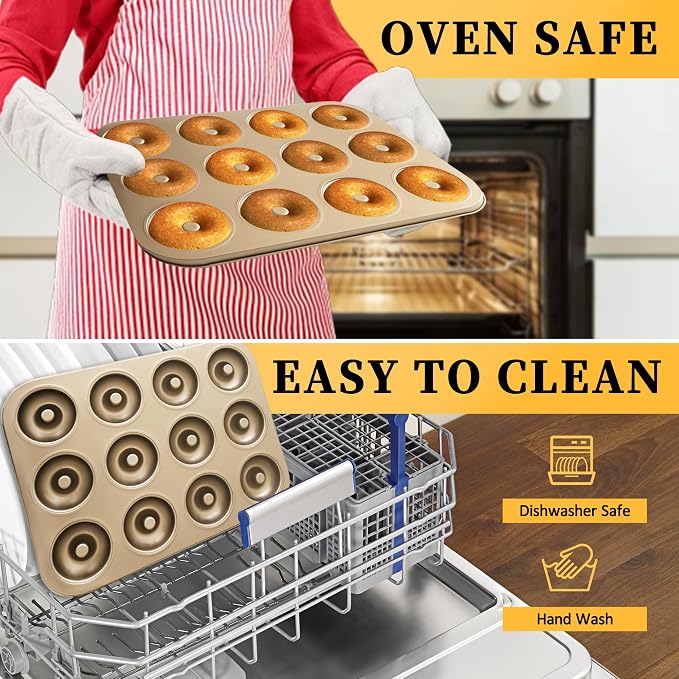 Donut Pans 2 Pack, Non-Stick 12-Cavity Donut Pan for Baking, Carbon Steel Doughnut Trays for Mini Bagels and Cake, Doughnut Bakeware Oven Baking (Gold)