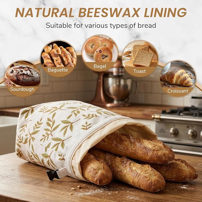 Reusable Beeswax Bread Bags for Sourdough, XL Eco-Friendly Fresh Food Storage with Zipper(13x17in, 2 Pack) | Keep Loaves Fresh Longer, Freezer Safe & Airtight, Natural, Zero Waste