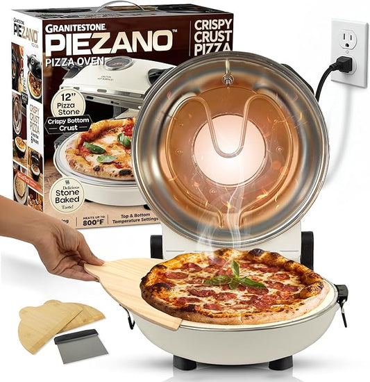 PIEZANO Crispy Crust Pizza Oven by Granitestone – 12 Inch Electric Pizza Oven Indoor Countertop Maker with Ceramic Stone Heats up to 800˚F for Delicious Stone Baked Pizzeria Style Pizza at Home