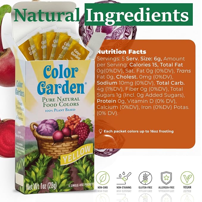 Color Garden Pure Natural Food Coloring, Yellow – 5 ct 1 oz | Plant-Based, Vegan, Non-Toxic Liquid Food Dye, Healthy Food Coloring