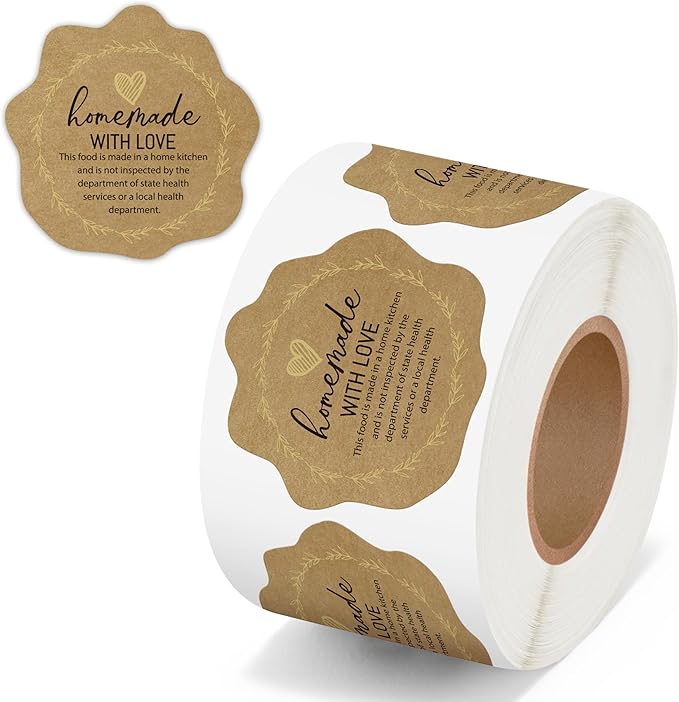 PANTIDE Cottage Food Law Labels Stickers - 500 Count Homemade with Love Adhesive Wax Seal-Style Decal Roll, Made in A Home Kitchen Inspection Statement Thermal Printed (2 x 2 Inch, Kraft Brown)