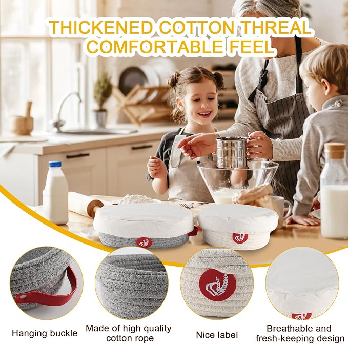 Banneton Bread Proofing Basket Set, Oval and Round Cotton Rope Sourdough Baskets with Fabric Liners, Proofing Bowls for Artisan Loaves and Home Baking