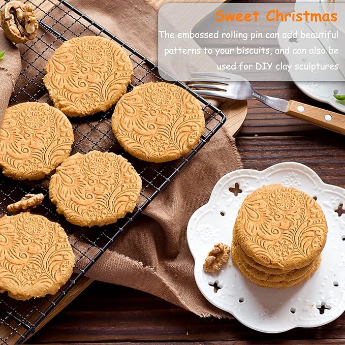 Embossed Rolling Pins Christmas Rolling Pin,3D Paisley Pattern Flower Snowflake Rattan Wooden Roll Pin Laser Engraved Rolling Pin DIY Tool for Kids and Adults to Make Cookie Dough (35 * 5)