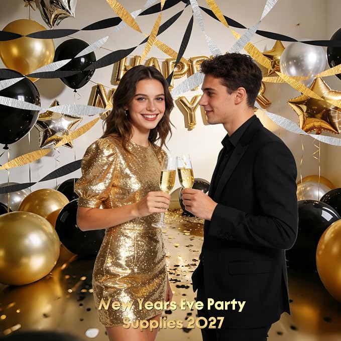 AOYOO Crepe Paper Streamers, 6 Rolls Black Gold and Silver Party Streamers, Premium Black and Gold Party Decorations for Birthday, New Years Eve, Wedding and Graduation Supplies