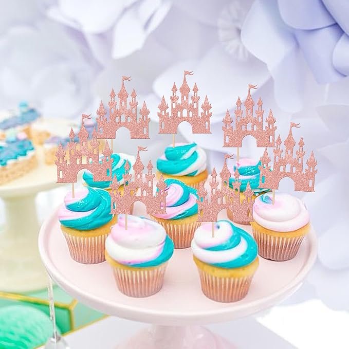 24 PCS Castle Cupcake Toppers Glitter Queen Princess Castle Cupcake Picks Castle Theme Birthday Party Decoration for Princess Birthday Girls Baby Shower Party Cake Decorations Supplies Rose Gold