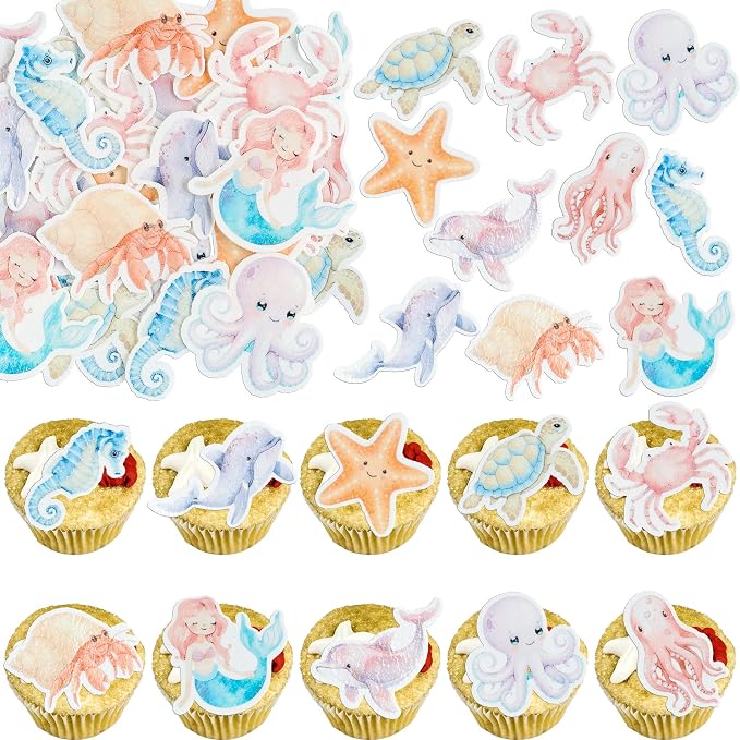 Gyufise 60Pcs Edible Mermaid Cupcake Toppers Octopus Seahorse Turtles Cupcake Picks Edible Under the Sea Party Decorations for Ocean Animal Theme Baby Shower Birthday Party Cake Decoration Supplies