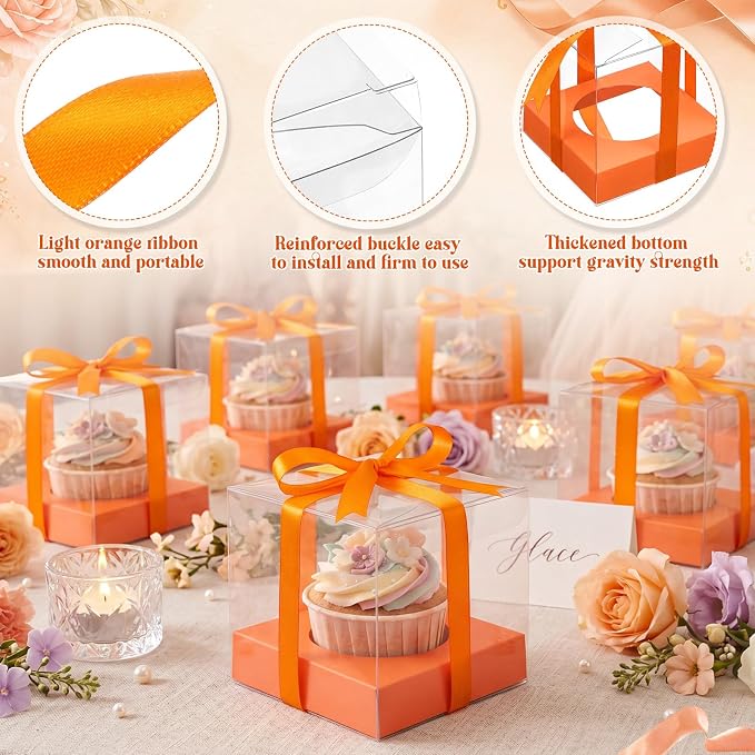 Thenshop 50 Pcs Clear Cupcake Boxes Individual 3.5 Inch Plastic Single Cupcake Containers Boxes with Inserts and Ribbon Individual Cake Storage Holders for Cake Kitchen(Orange)