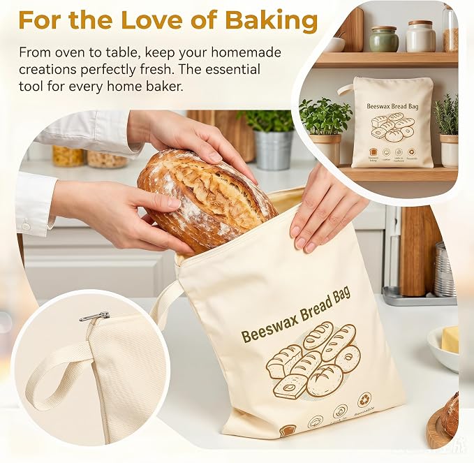 Beeswax Bread Bags for Sourdough, Reusable Linen Cotton Bread Storage Bags with L-Shaped Wide Zipper, Keeps Homemade Bread Fresh Naturally, 2 Pack XL 17"x13"