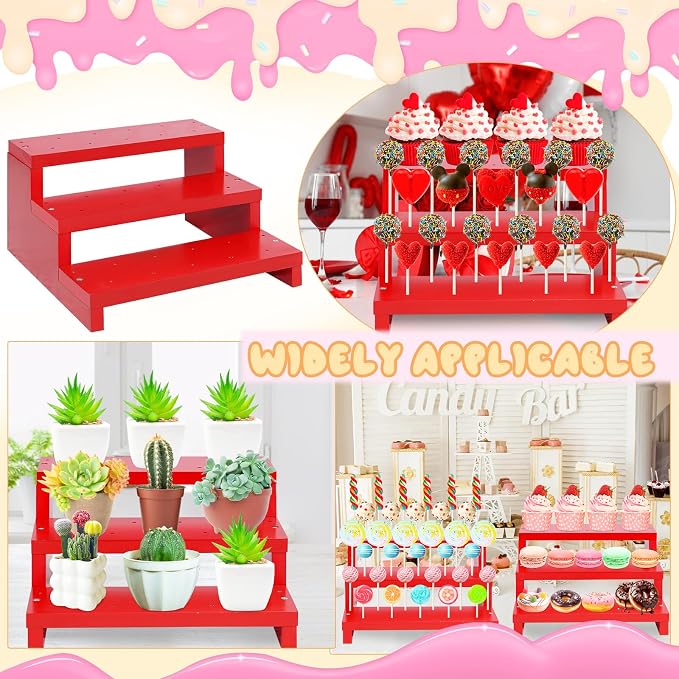 Cake Pop Stand, 3 Tier Wood Cake Pop Holder Display Risers with Twist Ties Lollipop Sticks, 33 Hole Lollipop Holder for Dessert Table of Wedding Birthday Party (Red-1P)