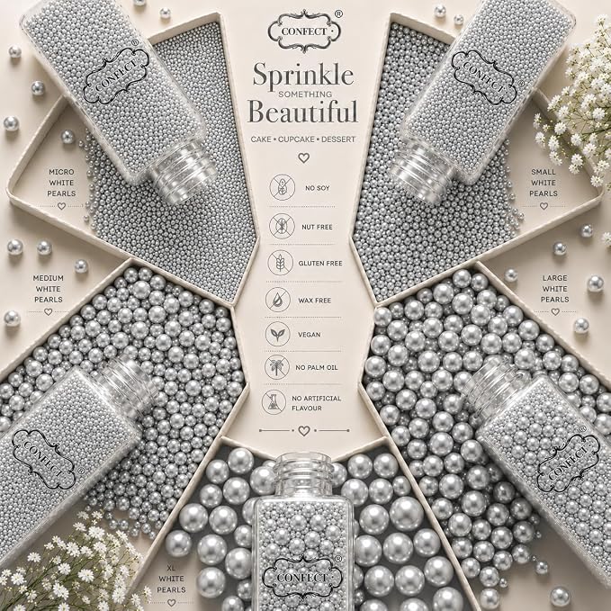 Confect Pearl Sprinkles | Assorted pack of 5 Shimmering Sliver Disco Ball Christmas, Birthday & Celebration Sprinkles | Mix Silver Pearl Dragees - Vegan, Gluten-Free, Nut-Free, Soy-Free, Dairy-Free, Palm Oil-Free, No Artificial Dyes - 5 Oz
