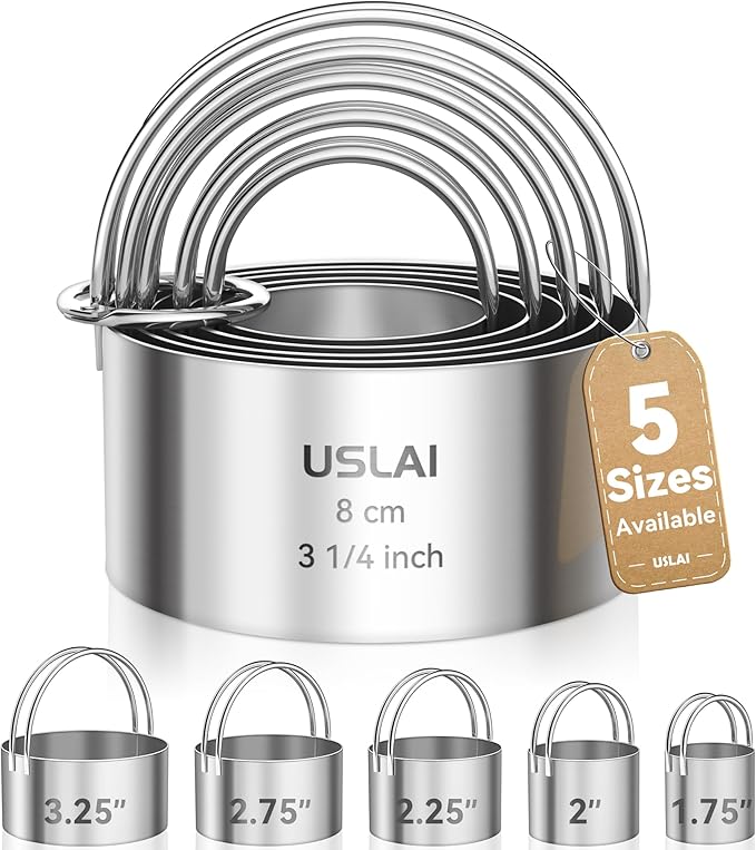 USLAI Biscuit Cutter Set (1.75, 2, 2.5, 2.75, 3.25 Inch), Stainless Steel Round Cookie Cutter with Handle, Professional Kitchen Baking Dough Tools, 5 Pieces - Circle