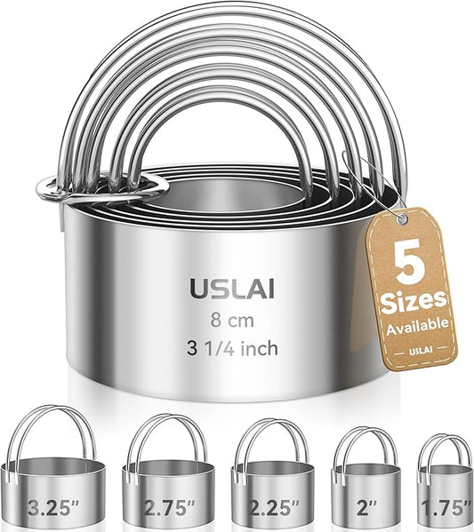 USLAI Biscuit Cutter Set (1.75, 2, 2.5, 2.75, 3.25 Inch), Stainless Steel Round Cookie Cutter with Handle, Professional Kitchen Baking Dough Tools, 5 Pieces - Circle