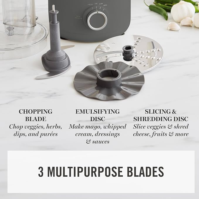 Martha Stewart Food Processor, 10-Cup Electric Chopper for Slicing, Shredding, Mincing and Puree, BPA-Free Twist & Lock Bowl, 3 Multipurpose Blades, Variable Speed Dial, Wide Feed Chute, Caviar Gray