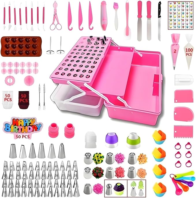 Cake Decorating Kit, 387 Pcs Baking Supplies (Pink) | 56 Icing Tips, 8 Russian+Ball Tips, 3 Spatulas, 5 Couplers, 8 Carved Pens, 102 Pastry Bags, Storage Box & More