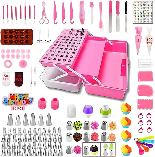 Cake Decorating Kit, 387 Pcs Baking Supplies (Pink) | 56 Icing Tips, 8 Russian+Ball Tips, 3 Spatulas, 5 Couplers, 8 Carved Pens, 102 Pastry Bags, Storage Box & More