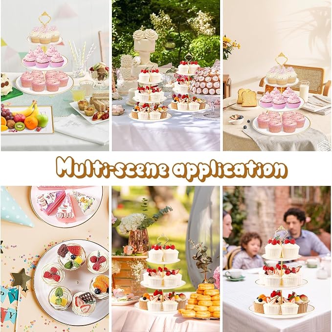 DI QIU REN 8PCS Cake Stand Set, Plastic Cupcake Stands with Gold Rim, Dessert Display Stands Set for Wedding Birthday Party Tea Party