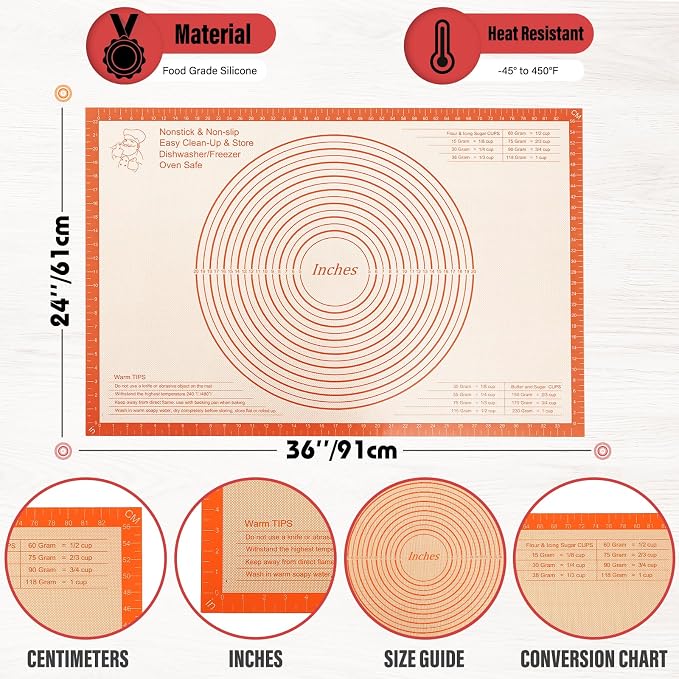 Silicone Pastry Mat 36x24 Inch Extra Large Baking Mat with Measurements, Nonstick Kitchen Counter Mats for Dough, Pastry, Dough Rolling, Kneading Board, Pie Crust, Fondant, Bread, Pasta, Pizza