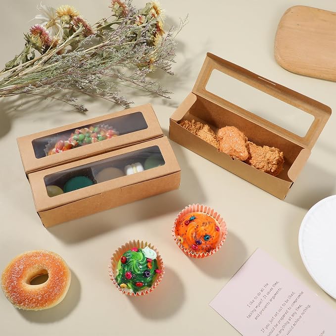 100 Pcs Macaron Boxes with Window Bakery Boxes Long Rectangle Treat Containers for Cookies, Donuts, Pastry, Cookies, Chocolate Covered Strawberry, Brown
