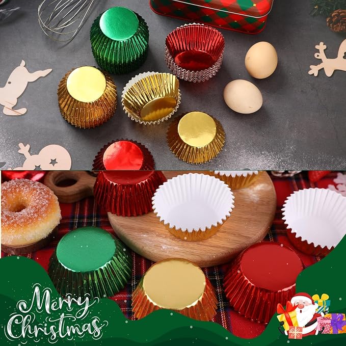 SANNIX 450Pcs Foil Cupcake Liners Christmas Metallic Cupcake Liners Muffin Baking Cups Christmas Cupcake Wrappers for Party Birthdays Baby Showers (Red, Green, Gold)