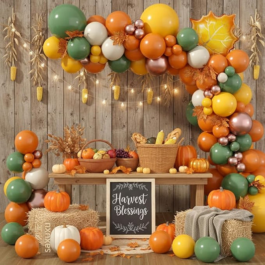 Fall Balloon Arch Kit, Burnt Orange Mustard Yellow Metallic Rose Gold Ivory White Nude Autumn Balloons with Maple Leaves Foil Balloons for Fall Baby Shower Decorations Thanksgiving Party Birthday