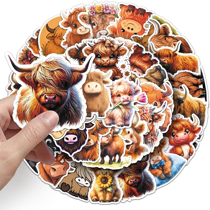 Highland Cow Stickers,50PCS Waterproof Funny Highland Cow Decals for DIY Crafts Water Bottles Laptops Phone Cases Aesthetic Cow Animal Stickers for Cow Lovers
