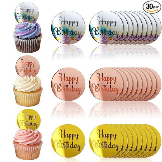 Qunclay 30 Pcs Happy Birthday Acrylic Cake Toppers, Mirror Acrylic Cupcake Toppers, 3 Multi-shape & Gold Rose Gold Silver Cupcake Picks for Birthday Party Pastries Decor DIY Supplies(Round)