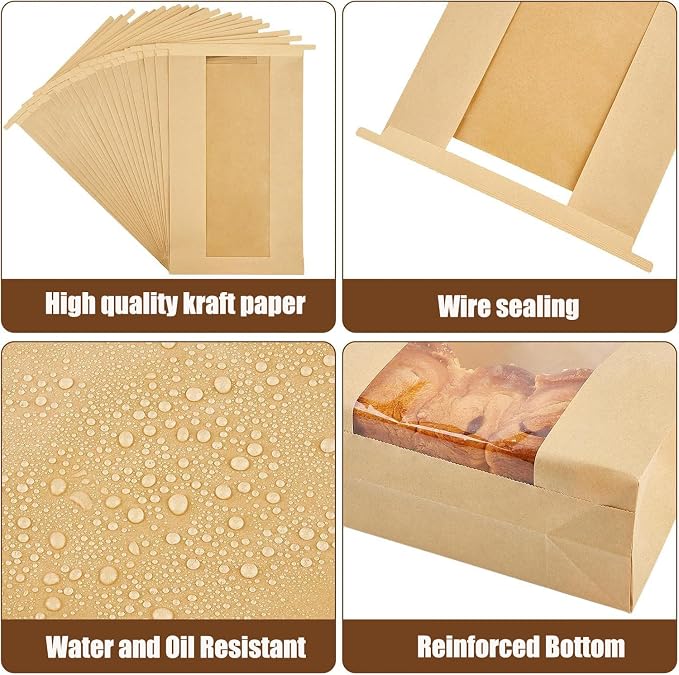 120 Pcs Paper Bread Bags for Homemade Bread with Tin Tie Tab Lock,Large Sourdough Bags Bakery Bag for Packaging Gift Giving,14" x 8.3" x 3.5",Clear Front Window,Includes 500 Sealing Stickers