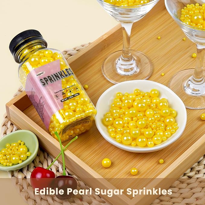 Yellow Pearl Sprinkles, Edible Sugar Pearls for Cake Decorating, 180g/6.35oz, Mix Size, Cake Decorations, Cupcake Toppers, Ice Cream Toppings, Easter Holiday Party Supplies