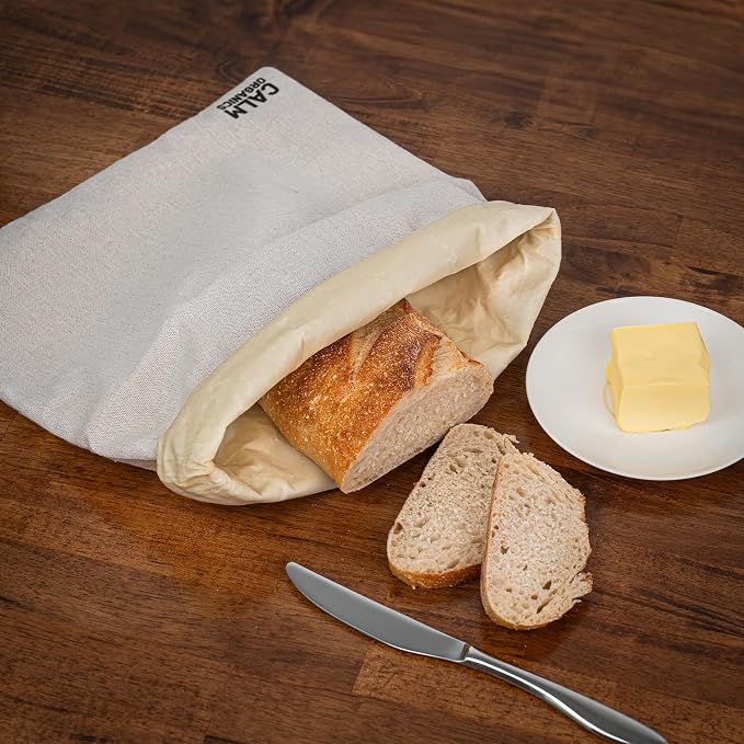 Reusable Linen Bread Bag with Beeswax Lining | Plastic-Free Food Storage for Sourdough, Baguette, Artisan Loaves | Eco Friendly | Zero Waste Kitchen Bag | Calm Organics
