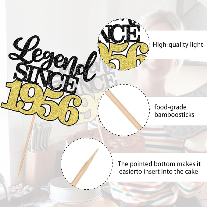 1 PCS Legend Since 1956 Cake Topper Black Gold Glitter Seventy Happy 70th Birthday Cake Pick Cheers to 70 Years Cake Decoration for 70th Birthday Anniversary Party Decorations Supplies
