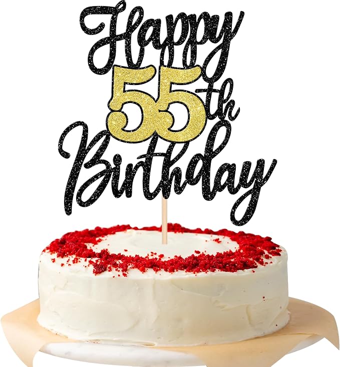 1 PCS Happy 55th Birthday Cake Topper Black Gold Glitter Cheers to 55 Years Birthday Cake Pick 55 Fabulous Cake Decoration for Happy 55th Birthday Anniversary Party Decorations Supplies