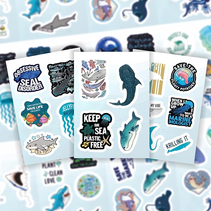 BulbaCraft Marine Biology Stickers for Water Bottle and Laptop - Marine Biology Party Supplies & Decorations, Waterproof Vinyl Decals, Ocean Stickers, Gifts for Women & Men