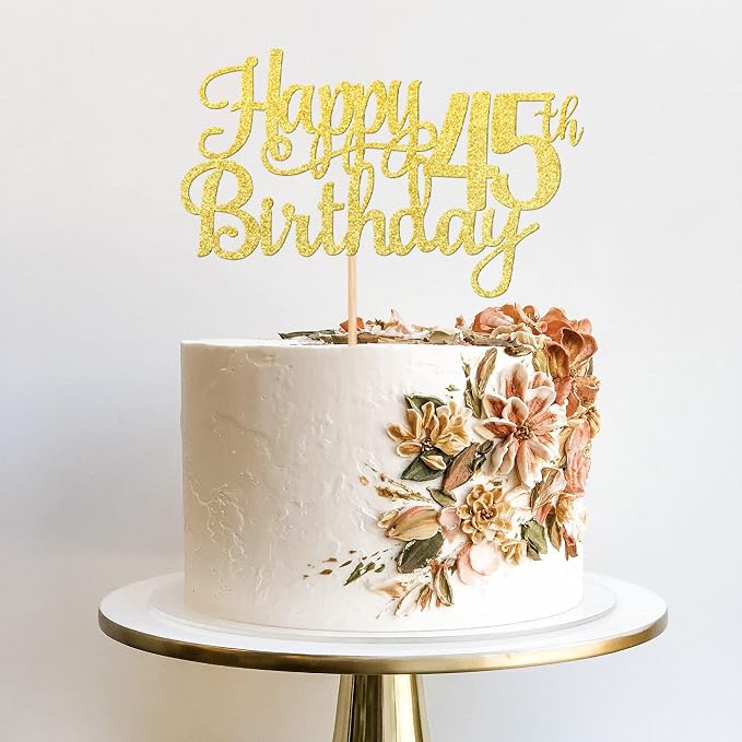 1 PCS Happy 45th Birthday Cake Topper Gold Glitter Cheers to 45 Years Birthday Cake Pick 45 Fabulous Cake Decoration for Happy 45th Birthday Theme Party Decorations Supplies