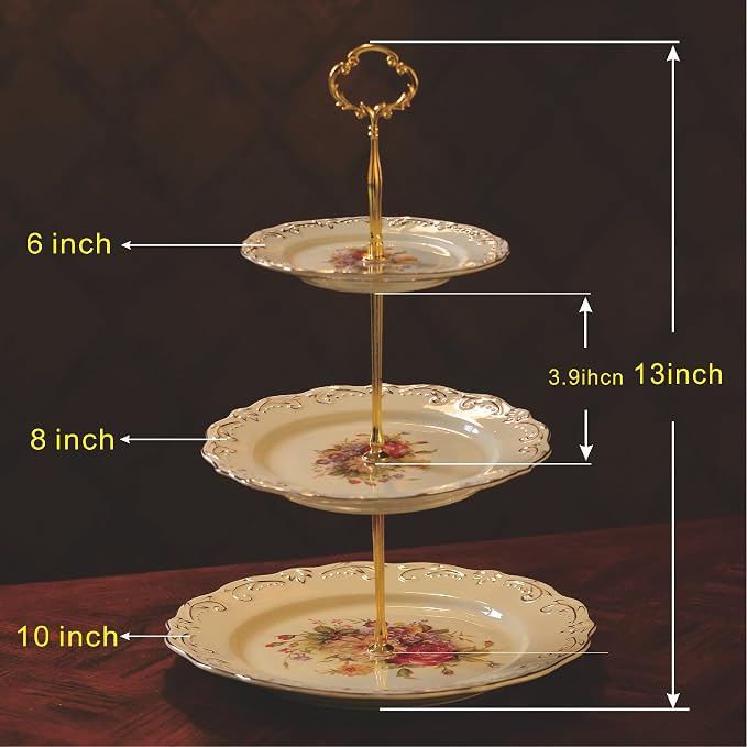 YOLIFE Flowering Shrubs 3 Tiered Cupcake Stand, Emboss Golden Leaves Edge Pastry Tower, 6-8-10 inch