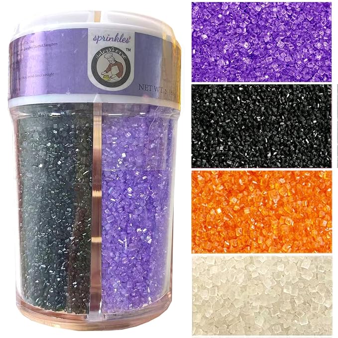 Sentovac 4-Colors Halloween Sanding Sugar for Baking Edible Sparkling Coarse Sugar Crystals Sprinkles for Cake Cookie Cupcake Topper Ice Cream Decoration Supplies（Orange Purple Black White）