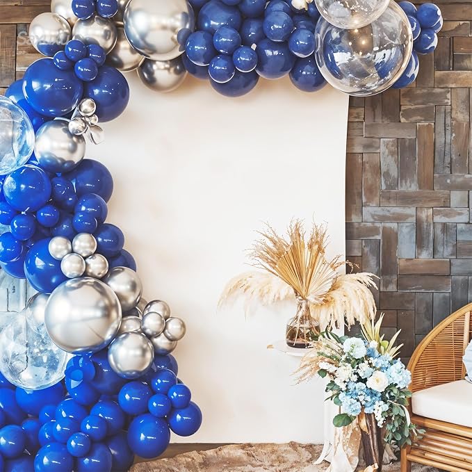 Blue And Silver Balloon Arch Kit, Blue Silver Balloons Garland Arch Kit With Star Foil Balloon, Dark Navy Balloons For Boy Men Birthday Party Wedding Anniversary Graduation Baby Shower