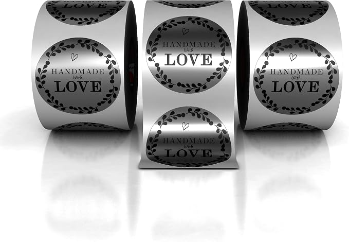 Kenco 1.5" Inch Handmade with Love Stickers, Made in The USA! for Envelopes, Boxes, Packaging and More - 500 Labels Per Roll (2 Pack 1,000 Stickers, Silver FOIL)