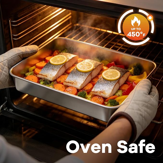 LIANYU Stainless Steel Baking Cake Pan with Lid Set, 12⅓ x 9¾ x 2 Inch Lasagna Brownie Pan, Oven & Dishwasher Safe Pan for Cookie Bread (1 Pan +1 Lid)