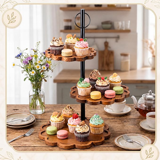 Willinglong 3 Tier Cupcake Stand Holder, Wavy Edge Cake Stand, Rustic Dessert Table Display Set Rotating Wood Cupcake Tower with Tiered Serving Tray for Cupcakes Wedding Birthday