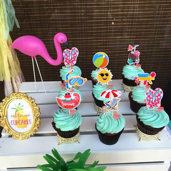 32 PCS Summer Beach Pool Cupcake Toppers Ball Sun Umbrella Diving Goggles Watermelon Water Gun Slippers Cupcake Picks Baby Shower Hawaii Beach Pool Theme Birthday Party Cake Decorations Supplies