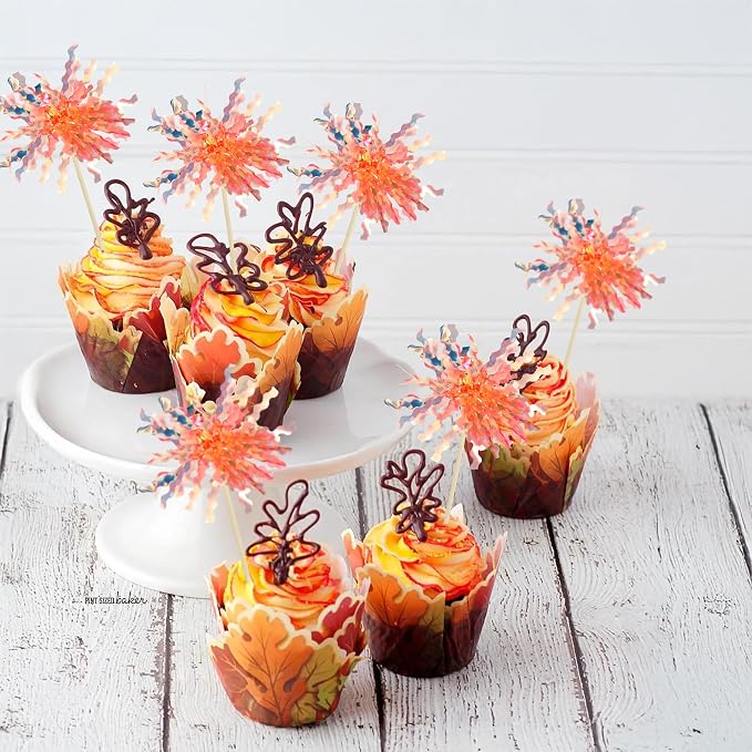 Gyufise 30Pcs Foil Firework Cupcake Toppers Sparkle Tinsel Cake Toppers Tinsel Drink Cake Decoration Cocktail Picks for Birthday Wedding Graduation Party Supplies Orange