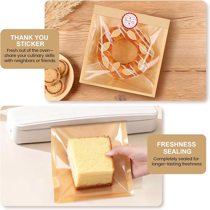 120 Pack Cookie Bags with Seal and Stickers | 5.7 x 6.5 Inch Paper Bakery Bags with Window, Heat-Sealable, Greaseproof Paper Bags Perfect for Treat, Donuts and Scones
