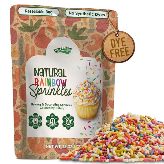 Snackathon Natural Sprinkles for Baking & Decorating, Dye-Free Rainbow Sprinkles, 15 OZ Bulk Jimmies in Resealable Pouch - Naturally Colored, No Artificial Dyes or Flavors for Cupcakes, Cookies & Treats
