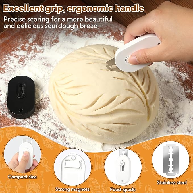 VZZNN 8 Pack Professional Bread Lame,Extractable & Magnetic Bread Lame Dough Scoring Tool for Sourdough Bread baking & Bread Making Tools Scoring Patterns booklet & 20 Razor Blades(Black+White)