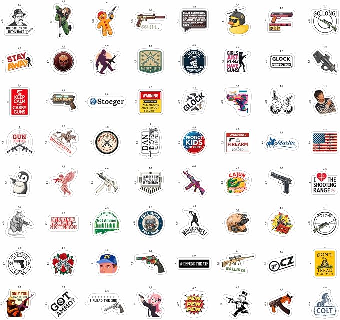100Pcs Firearm Stickers and Decals, Gun & Tactical Stickers Pack- Military Decals - Firearm Party Decorations - Gift for Women & Men