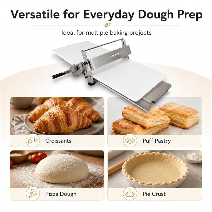 Manual Dough Sheeter Machine for Croissants & Pastry – Foldable Countertop Dough Roller Machine with 55 Thickness Settings (0–27mm), Stainless Steel Rollers for Home & Small-Batch Bakeries
