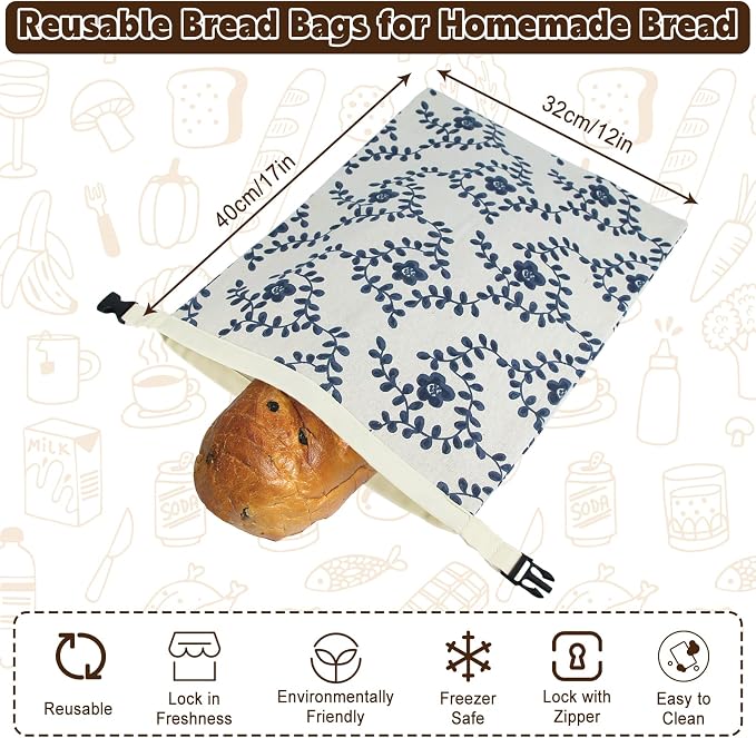 2 Pack Beeswax Bread Bags for Sourdough Homemade Bread, XL Linen Bread Bag | Zippered Reusable Cotton Bread Bags, 10 Pcs Large Paper Bags, Food Storage Bag, Lock in Freshness, Freezer Safe, Eco-Friendly