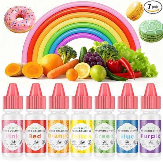 Natural Food Coloring, Cherrysea 7 Vibrant Liquid Colors for Easter Egg Baking, FD&C & Artificial Dye Free Edible Dye Formula for Cake Cookie Decorating, Buttercream, Frosting & Slime, 6ml Dropper Bottles